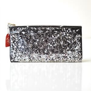New JULIE MOLLO Confetti Black Glitter Vinyl Zip Clutch Purse Pouch